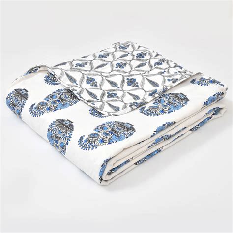 Leaf Print Single Bed Cotton Dohar 100 Cotton Reversible Blue