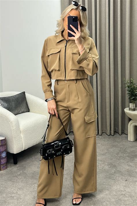 Candela Dark Beige Cargo Zip Cropped Jacket And Trousers Co Ord Set