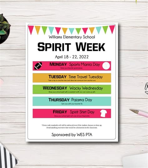 School Spirit Week Flyer Template, School Spirit Week Schedule, PTA ...