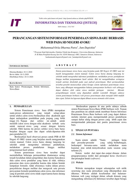 Pdf Perancangan Sistem Informasi Penerimaan Siswa Baru Berbasis Web Pada Sd Negeri 43 Oku