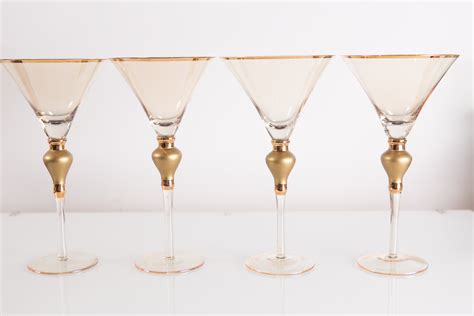 4 Vintage Large Martini Glasses With Solid Bubbled Stem And Gold Detail 10oz Hollywood Regency