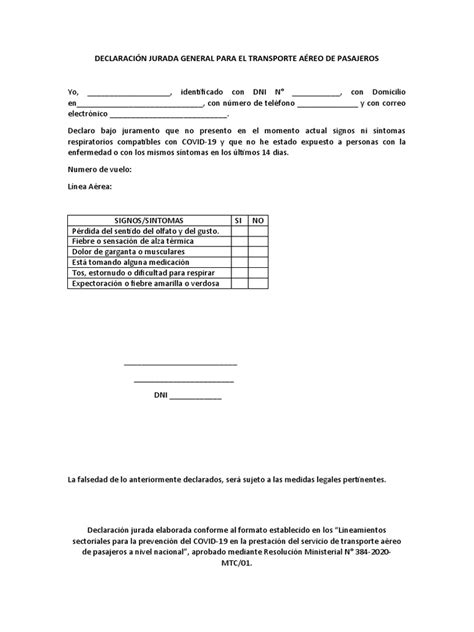 DeclaraciÓn Jurada Para Viajar Pdf