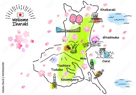 春の茨城県の観光地のシンプル線画イラストマップ Vector De Stock Adobe Stock