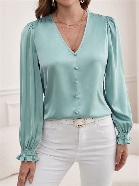 Verde Menta Elegante Collar Manga Comprida Tecido Simples Top