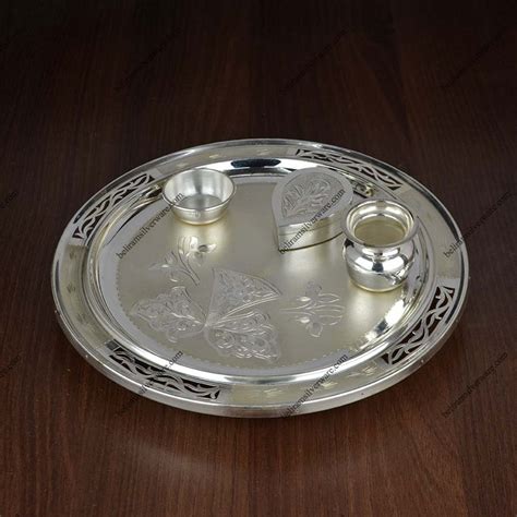 Minimal Cutwork Border Round Silver Pooja Thali Set Beliram Silverware