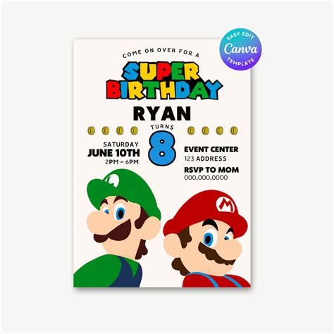 Mario Invitation Super Mario Birthday Super Mario Brothers Super Mario