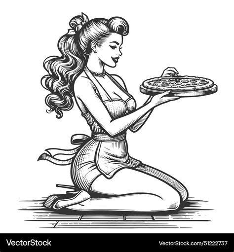 Chef Woman Fresh Pizza Engraving Royalty Free Vector Image