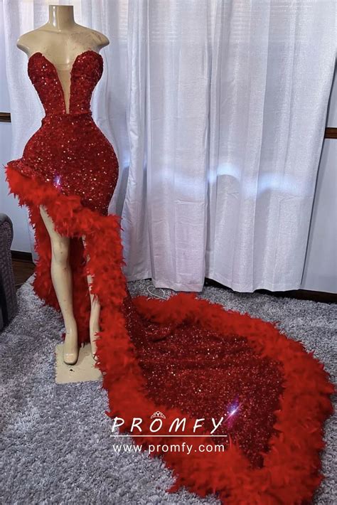 Red Sequin And Feathers High Split Long Train Prom Dress Promfy