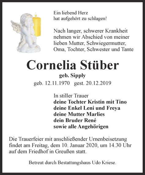 Traueranzeigen Von Cornelia St Ber Trauer In Thueringen De