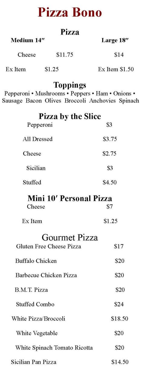 Pizza Bono Menu, Plattsburgh, NY