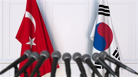 Flags Of Turkey And Korea At International Press Conference Motion