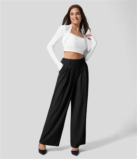 Womens High Waisted Plicated Side Pocket Wide Leg Waffle Work Pants