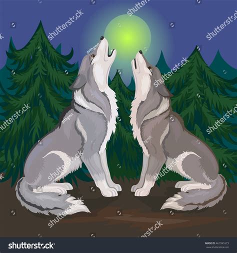 Cartoon Wolves Howling At The Moon