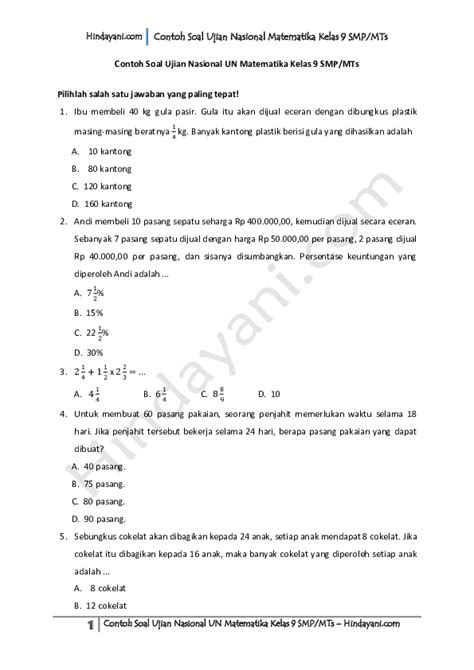 Pdf Contoh Soal Ujian Nasional Matematika Kelas 9 Smp Mts Rafif Atthariqal