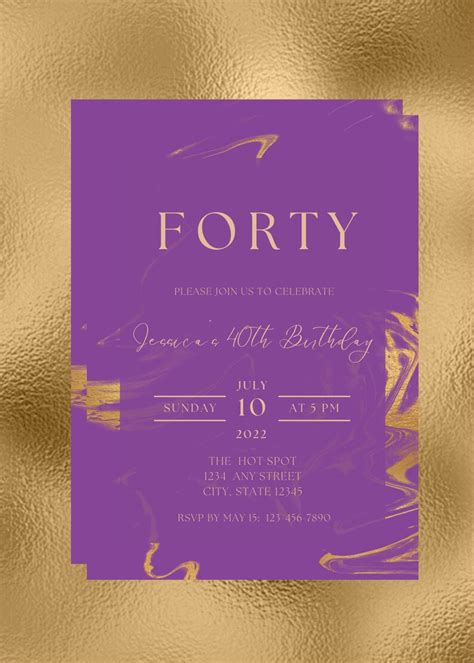 Editable Purple And Gold Birthday Invitation Purple Marble Etsy