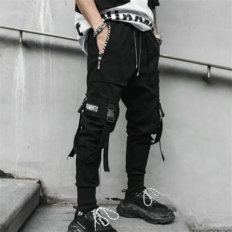 2019 Spring Hip Hop Joggers Men Black Harem Pants Multi Pocket Ribbons