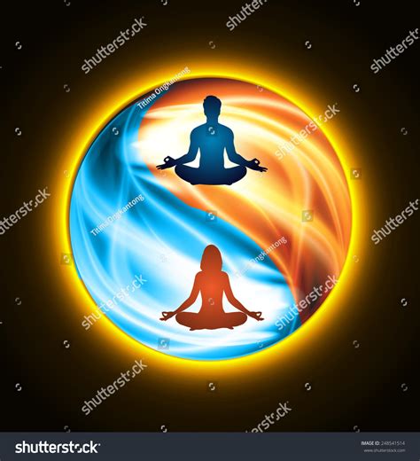 Man And Woman Meditation On Symbol Of Yin And Yang Of Background In The