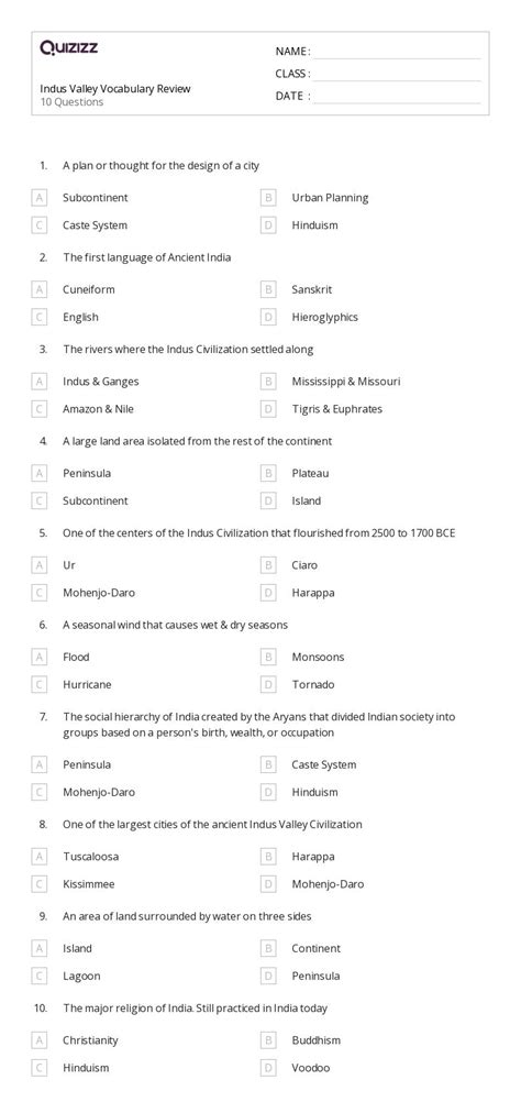 The Indus Civilization Worksheets For Th Grade On Quizizz Free