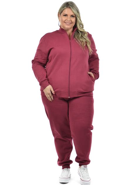 Conjunto moletom flanelado plus size jaqueta e calça punho feminino