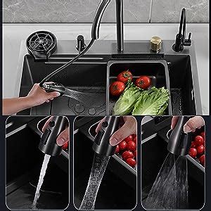 Fivixil Kitchen Sink Flying Rain Waterfall Single Sink With Pull Out