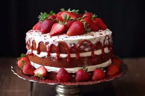 Premium AI Image Delicious Red Velvet Cake With Fresh Strawberries AI