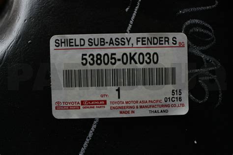 K Genuine Toyota Shield Sub Assy Front Fender Splash Rh