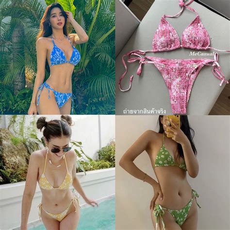 พรอมสง บกน ชดวายนำลายดอก สายฝอ bikini ผายนๆ แบบมดเชอก Shopee Thailand