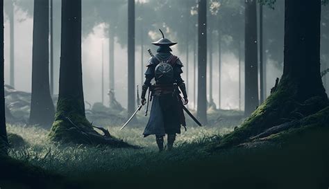 Premium Photo | A man in a samurai hat walks through a forest with a tree in the background.