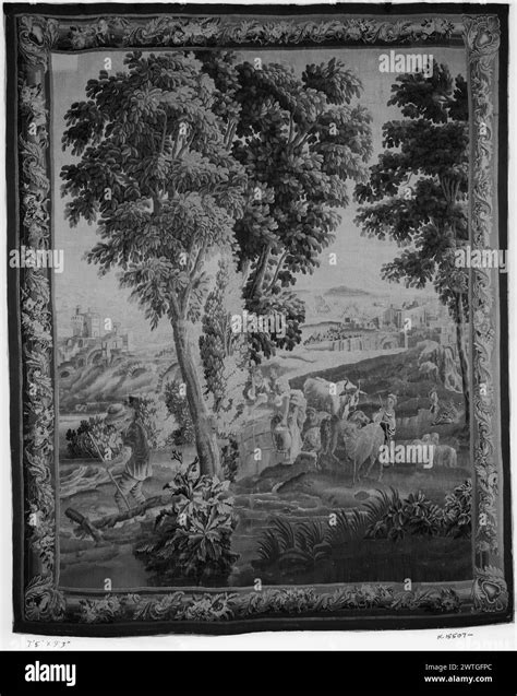 Shepherds And Shepherdesses With Cattle In River Landscape Unknown C 1750 1800 Tapestry