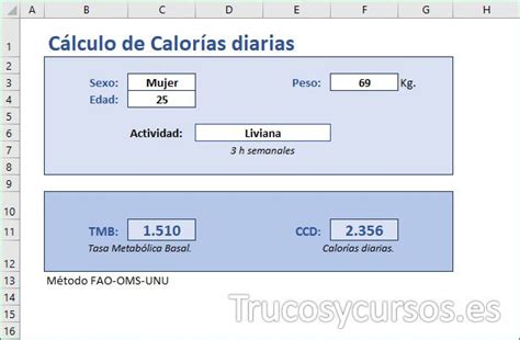 Cálculo De Calorías Diarias En Excel Calculadora Calorias Diario