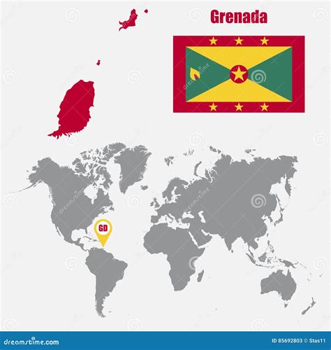 Grenada Map On A World Map With Flag And Map Pointer Vector