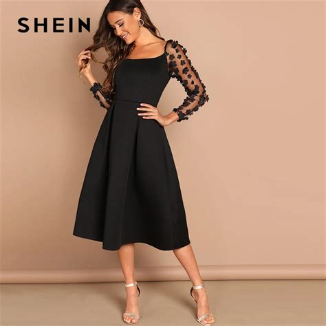 SHEIN Night Out Black Contrast Mesh Appliques Pleated Square Neck Knee