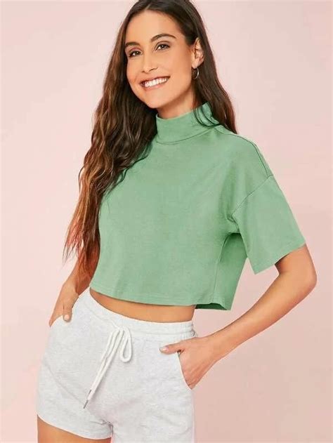 Women Drop Shoulder Mock Neck Crop Top Agodeal Crop Tee Women