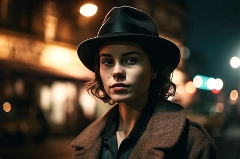 Premium AI Image | Female detective in hat and coat on city street at ...
