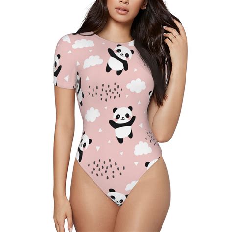 Easygdp Panda Womens One Piece Swimsuit Slim Fit Crew Neck Bodysuit