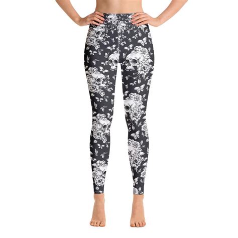 Skull Flowers Black And White High Waisted Leggings Robinplacefabrics