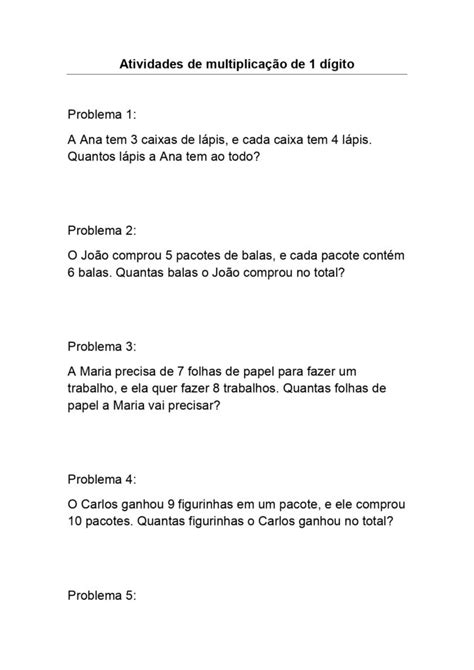 20 Questões Com Situações Problemas De Multiplicação De 1 Dígito Com