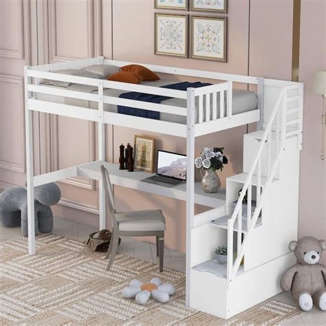 Urtr White Twin Loft Bed With Desk And Storage Wood Loft Bed Frame With