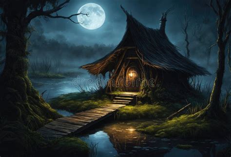 A Dark Swamp With A Witch S Hut Stock Illustration Illustration Of