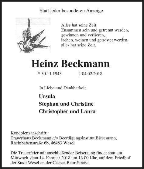 Traueranzeigen Von Heinz Beckmann Trauer In Nrw De