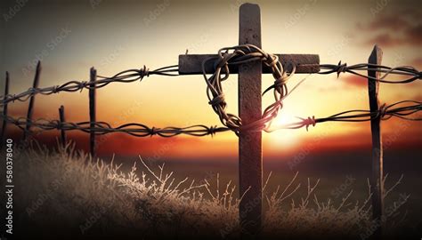 The Cross Of Jesus Christ Breaks A Barrier Wire At The Sundown Of