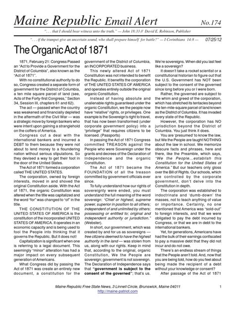 174 The Organic Act Of 1871 Pdf Sovereignty United States Constitution