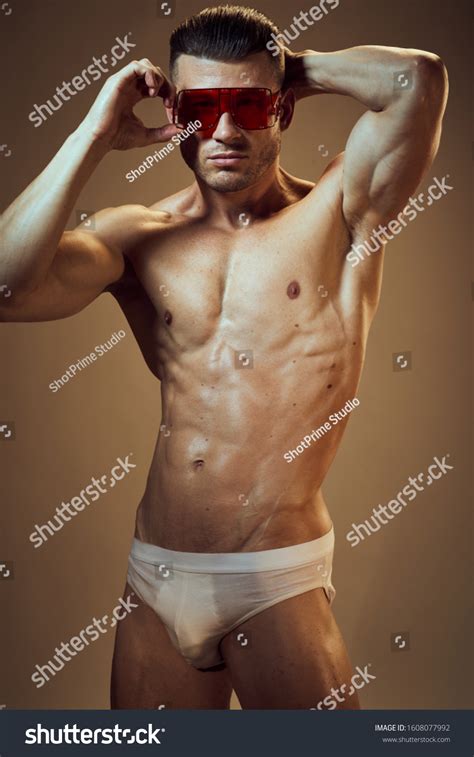 Inflated Male Muscular Naked Body White Stock Photo