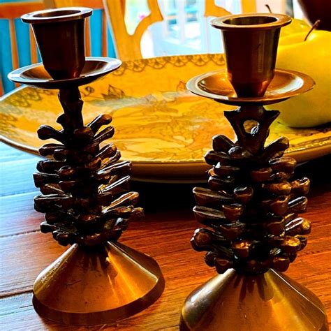 Accents Brass Pinecone Candlestick Holders India 6 X 3 Gold Tone Boho