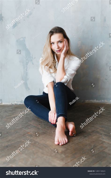 Model Blonde Barefoot Blue Jeans White Stock Photo Shutterstock