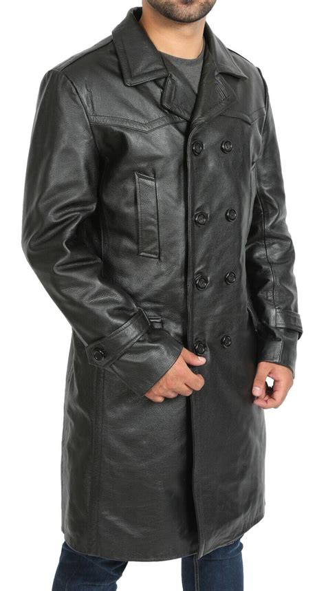 Mens Black Double Breasted Trench Leather Pea Coat 34 Long Classic Overcoat New Ebay