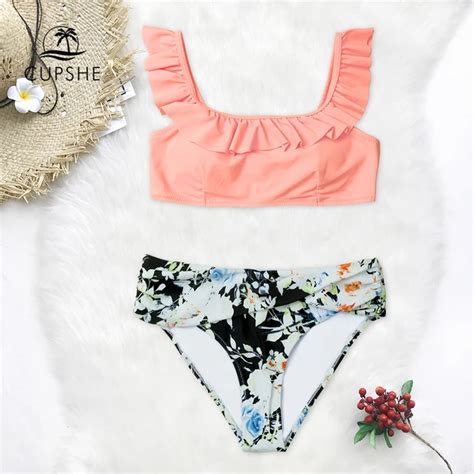 Buy Cupshe Pink And Floral Ruffled Bikini Sets Women Cute Tank Two Pieces