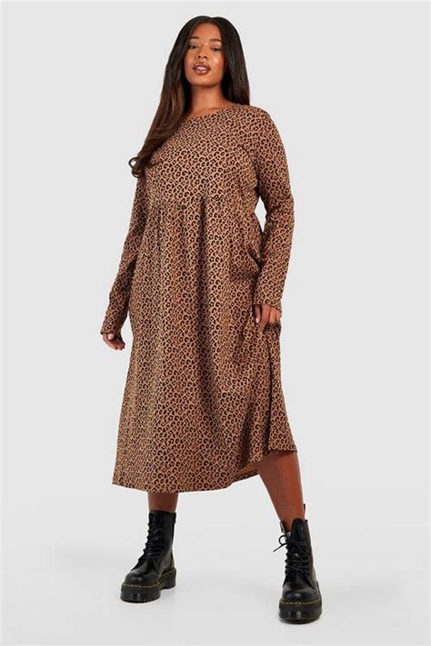 Plus Woven Leopard Smock Midi Dress Boohoo Uk