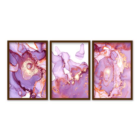 Kit Quadros Decorativos Efeito Pintura Aquarela Marmorizado Roxo E