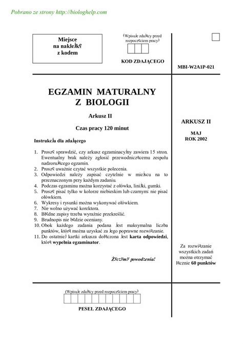 Pdf Egzamin Maturalny Z Biologii Kod Zdajcego Mbi W A P